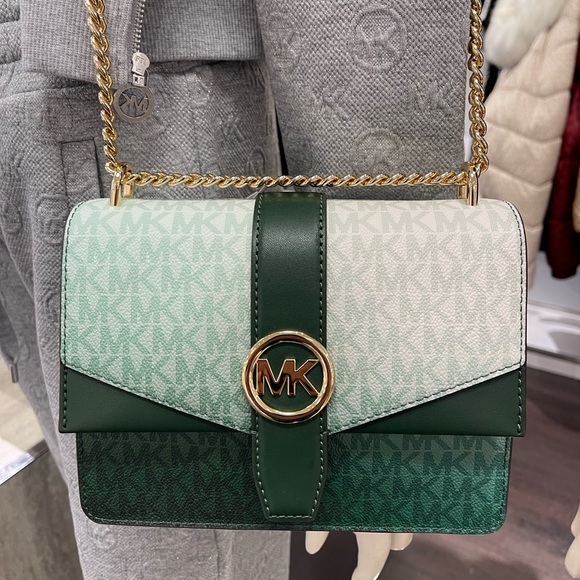 Michael Kors Greenwich Sm Color-Block Signature Logo Flap Crossbody Xbody Moss